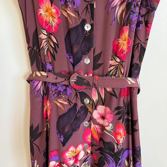 VTG 90s Silk Tropical Floral Garden Maxi Shirt Dress Size 6 Brown Boho Resort - Picture 6 of 10